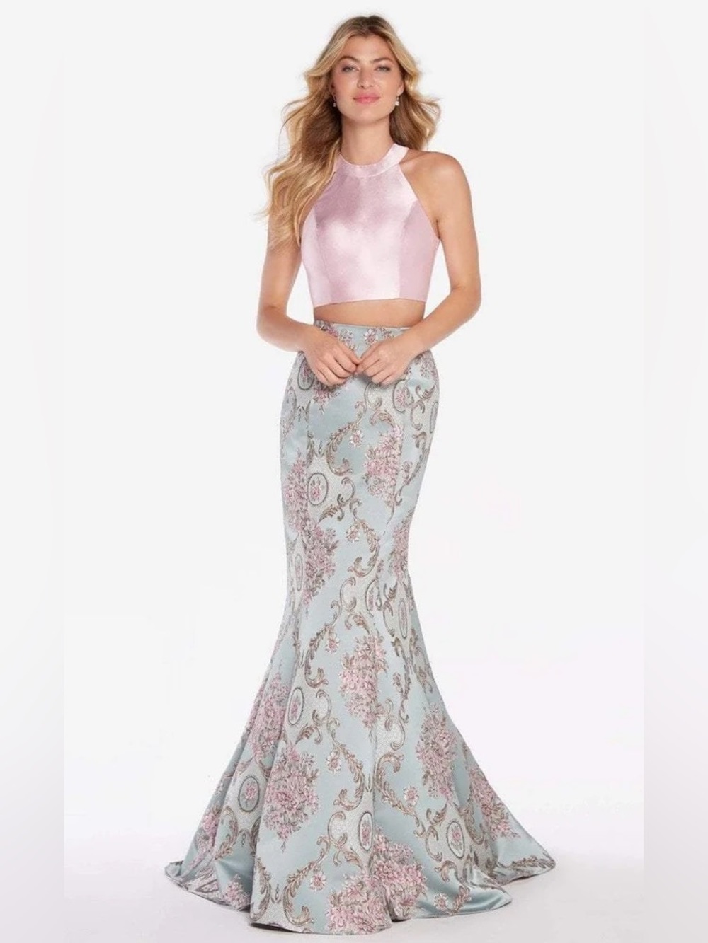 Alyce Paris 2 PC Pink Halter Crop Top with Brocade Mermaid Skirt Size 4 NWT